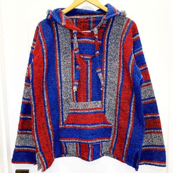 Red White & Blue Woven Hooded Sweatshirt Pullover Drug Rug Unbranded - Picture 1 of 5